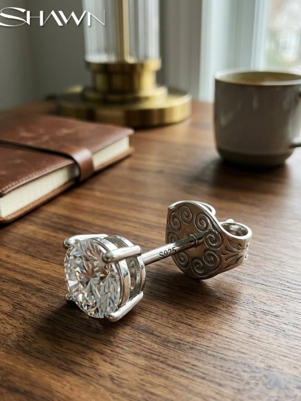 Mens 18K White Gold Moissanite Studs, GRA 925 Silver